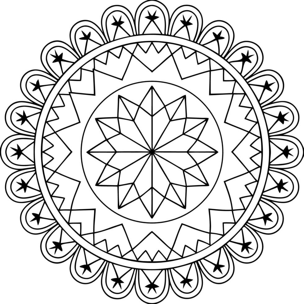 A symmetrical mandala design featuring intricate, repeating patterns of lines, circles, and triangles. vector