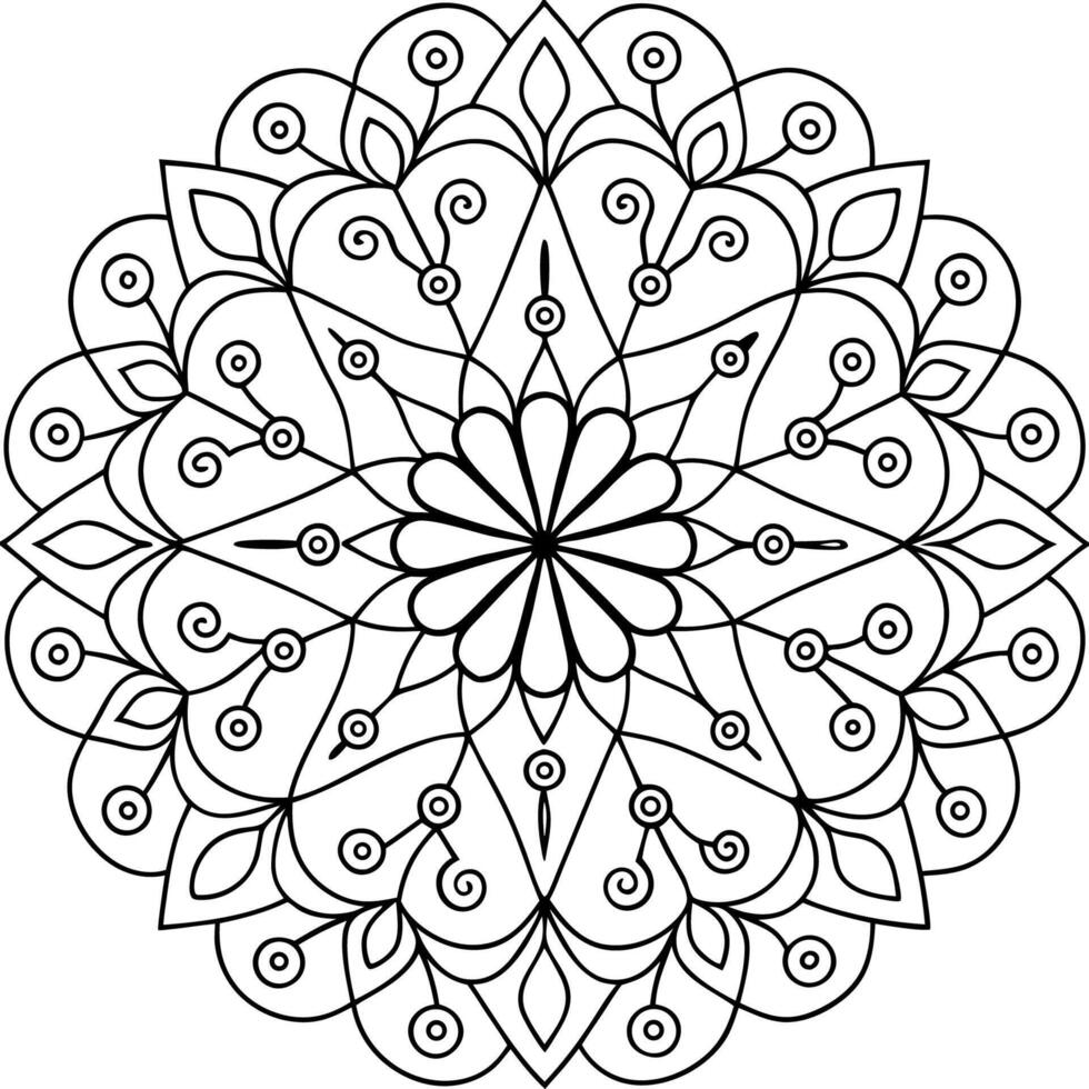 This black and white mandala design features intricate, symmetrical patterns. vector