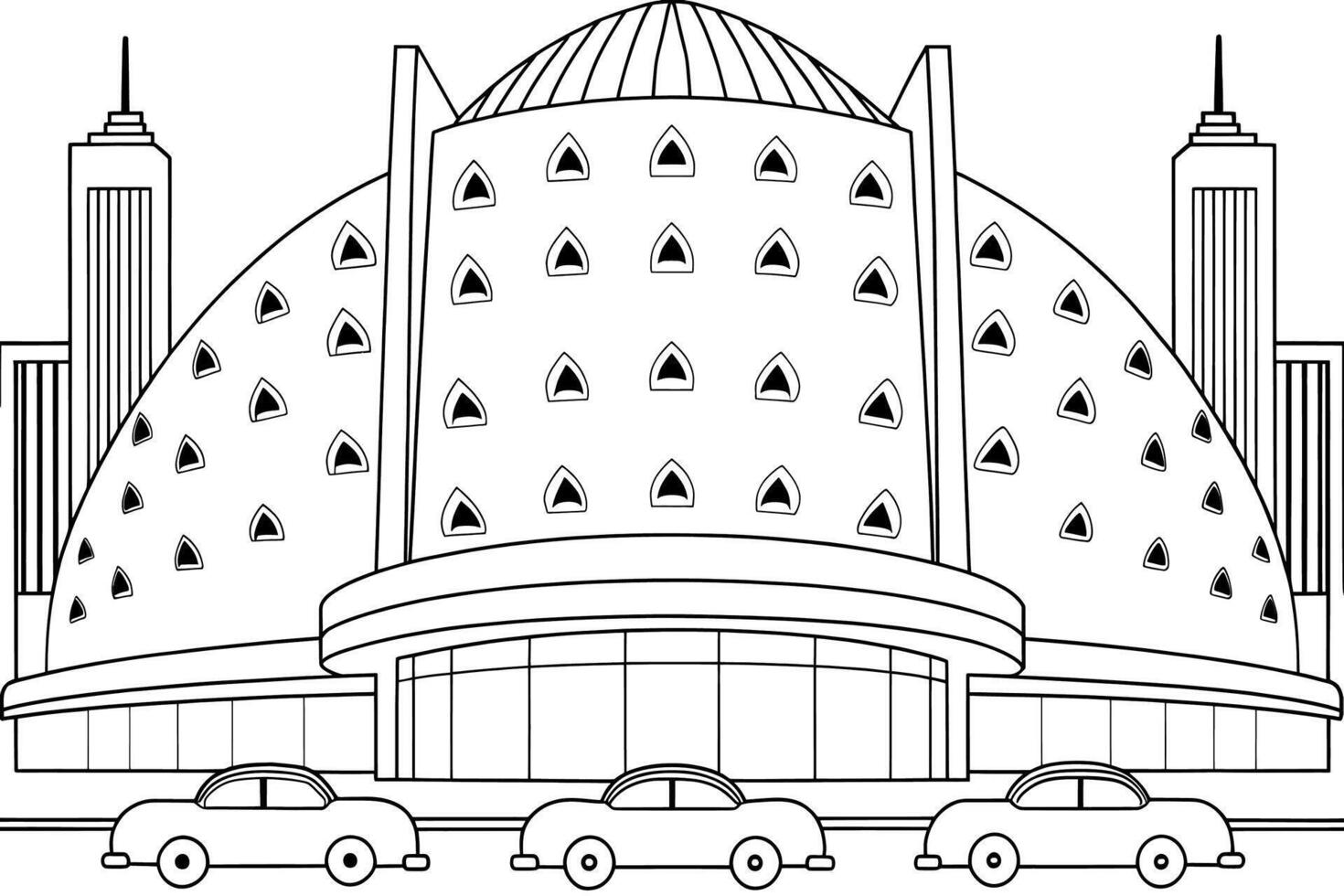 Stylish black and white illustration of a futuristic building in a city scene. vector