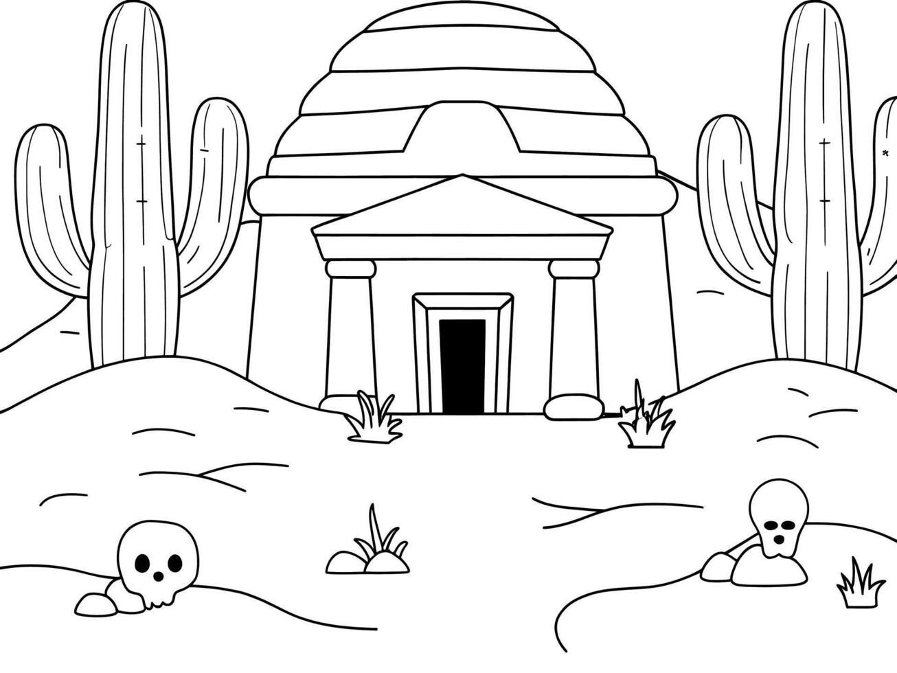 A serene, stylized line art depiction of a desert landscape. vector
