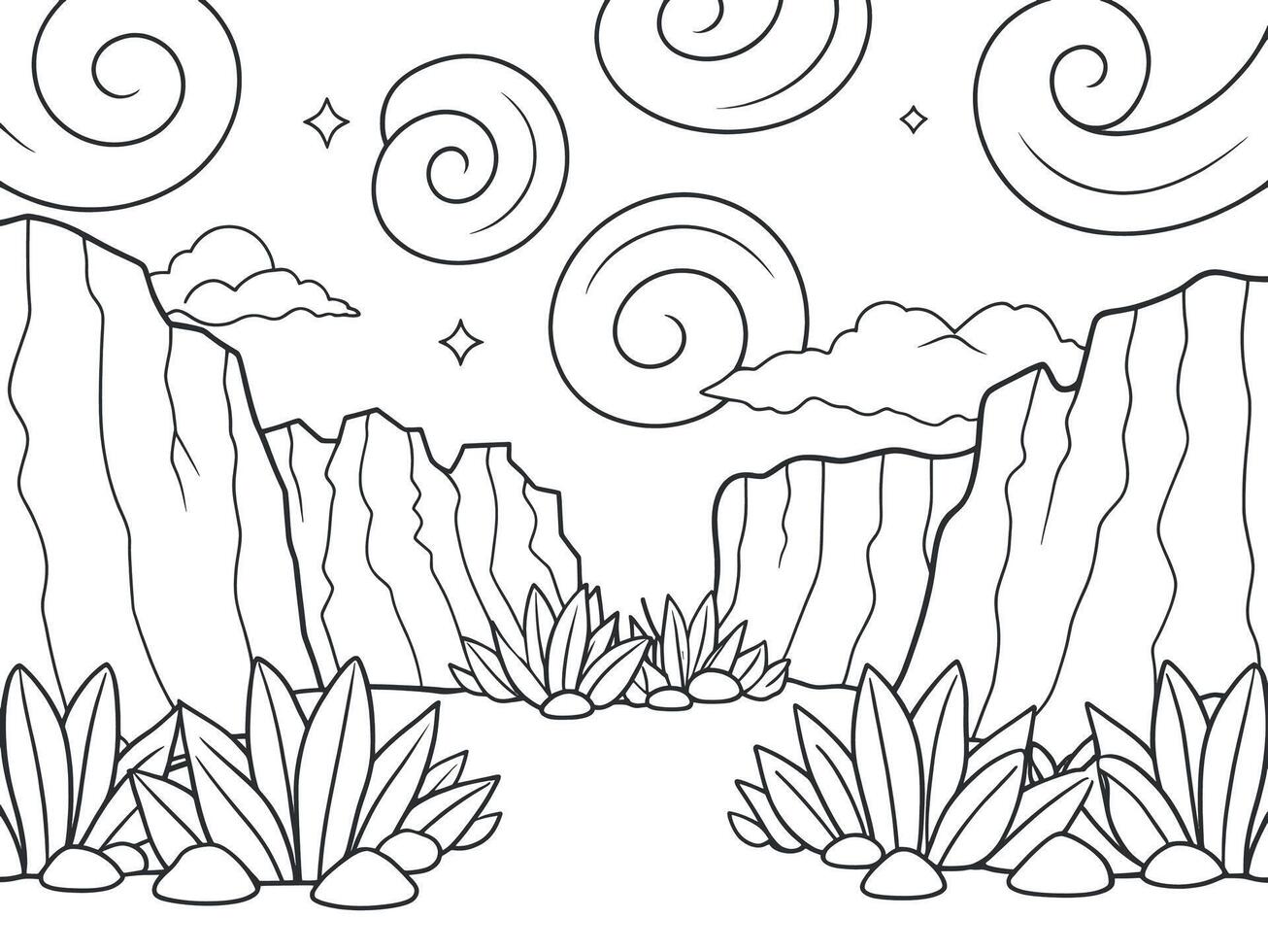 Black and white coloring page of a desert landscape with stylized mountains and clouds. vector