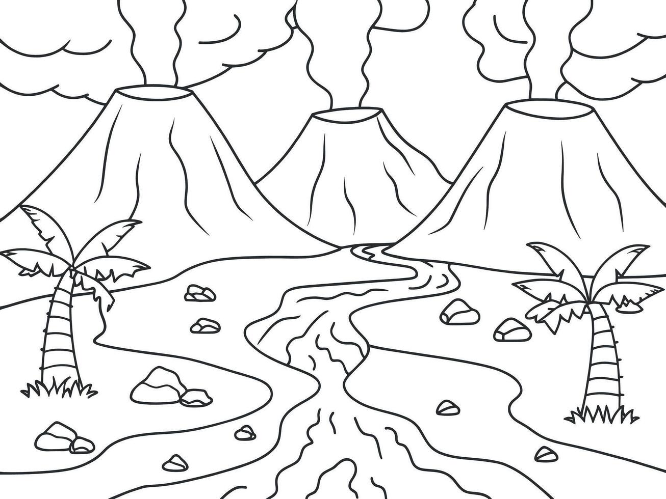 Black and white coloring page of a volcanic landscape with palm trees. vector