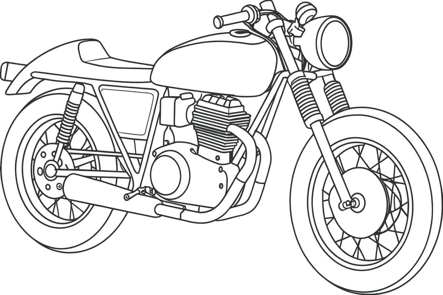 A detailed black and white line art drawing of a classic motorcycle. vector