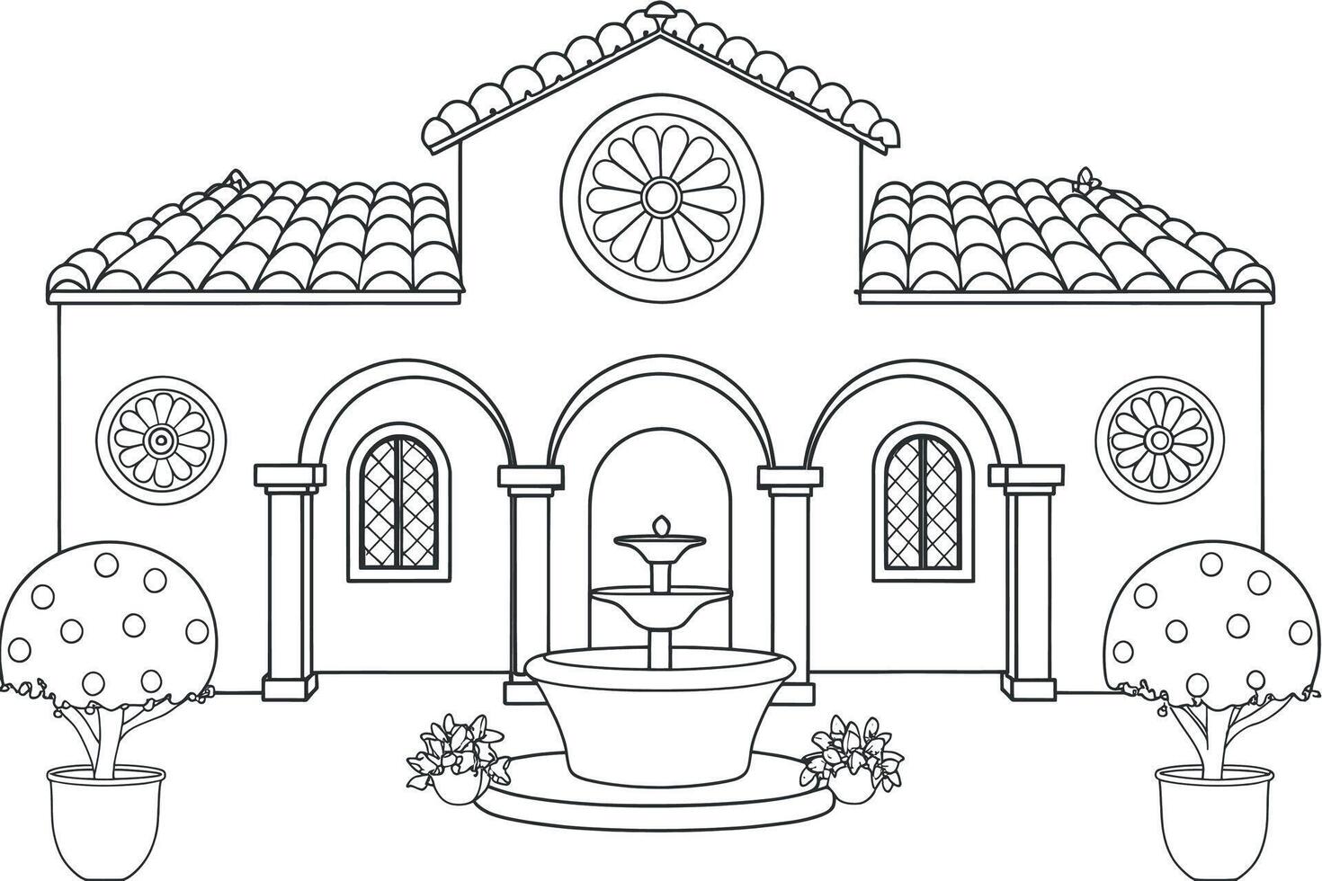 Elegant Mediterranean-style building with fountain and landscaping, ready for coloring. vector