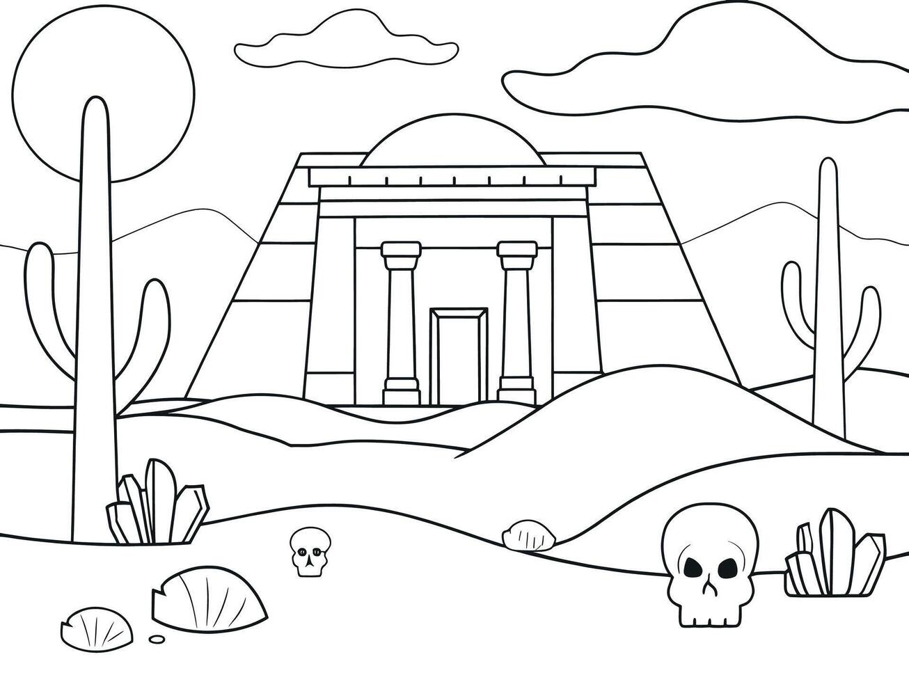 Black and white coloring page of a desert temple with skulls. vector