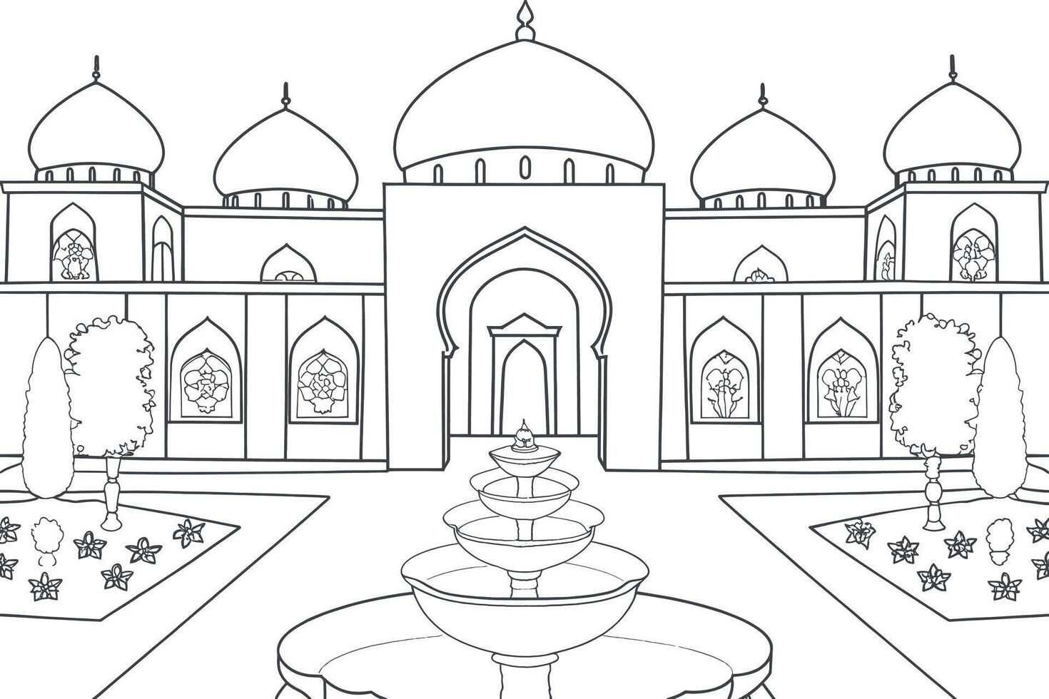 Black and white drawing of an Islamic-style palace with a fountain. vector
