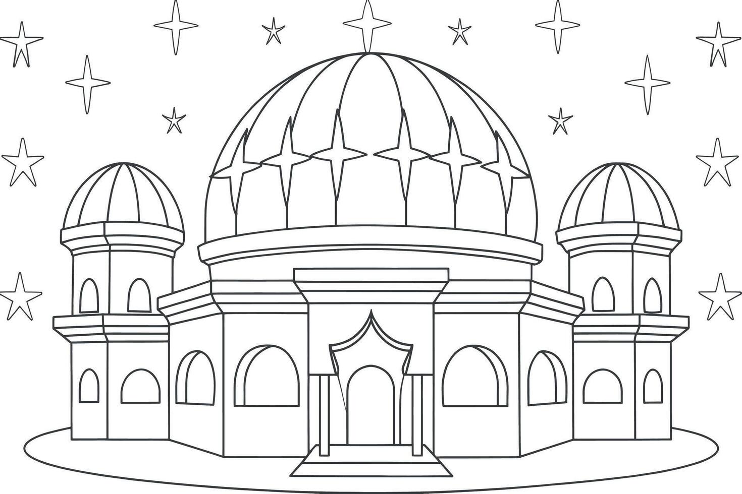 A captivating black and white line drawing of a large, ornate religious building, likely a mosque or similar structure, set against a backdrop of twinkling stars. vector
