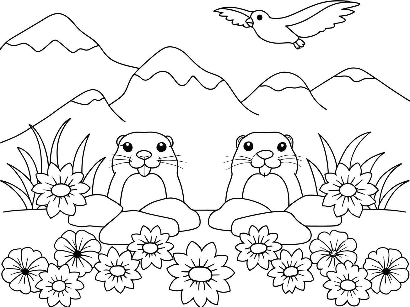 Two adorable gophers in a mountain meadow coloring page. vector