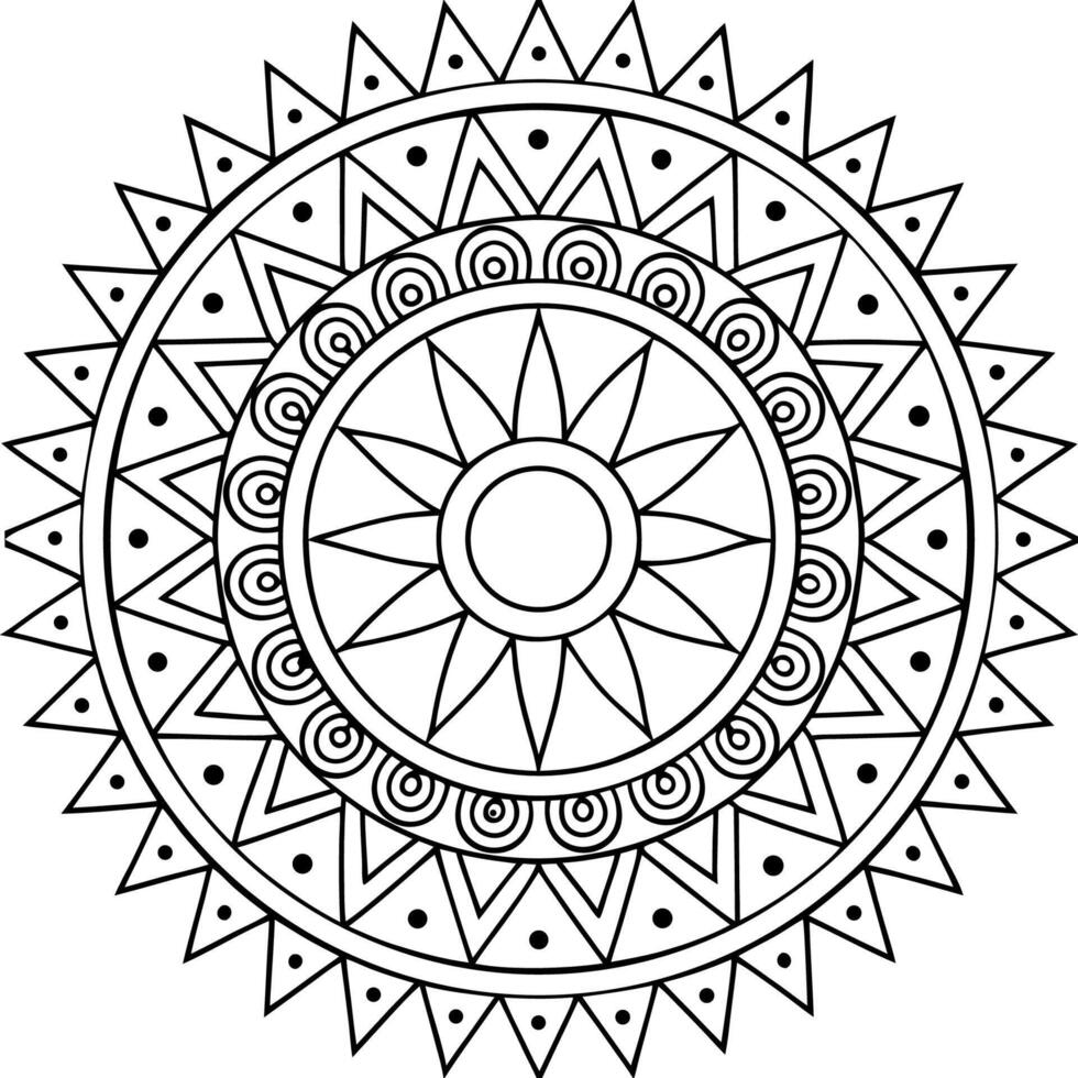 A symmetrical mandala design featuring a complex pattern of interconnected geometric shapes, including triangles, circles, and dots. vector