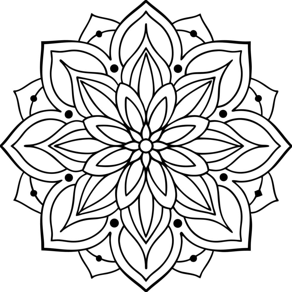 This symmetrical mandala design features intricate black lines on a white background. vector