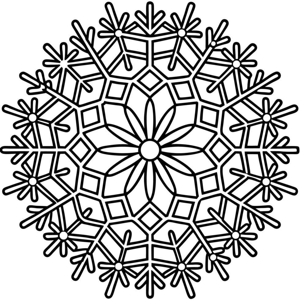 This symmetrical mandala design features a complex pattern of repeating geometric shapes, including triangles and squares, radiating outward from a central point. vector