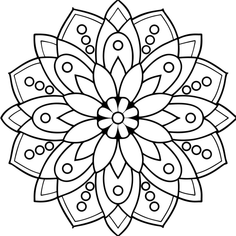 This black and white mandala design features a symmetrical, circular pattern with detailed, repeating shapes. vector