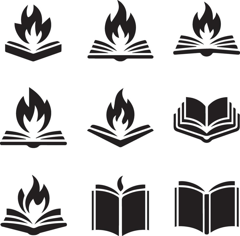 Burning Book Icons Set, Flame and Open Book Silhouette Collection vector