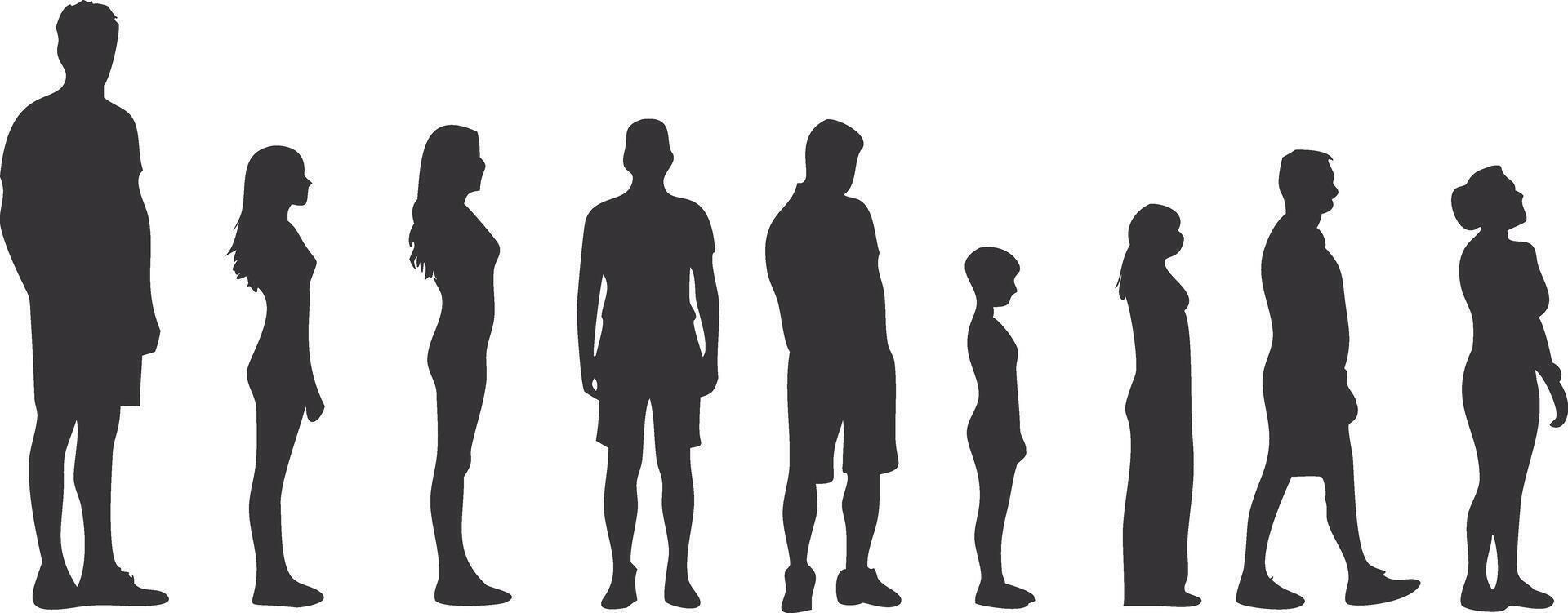 Silhouettes of Diverse People Standing in Line Illustration vector