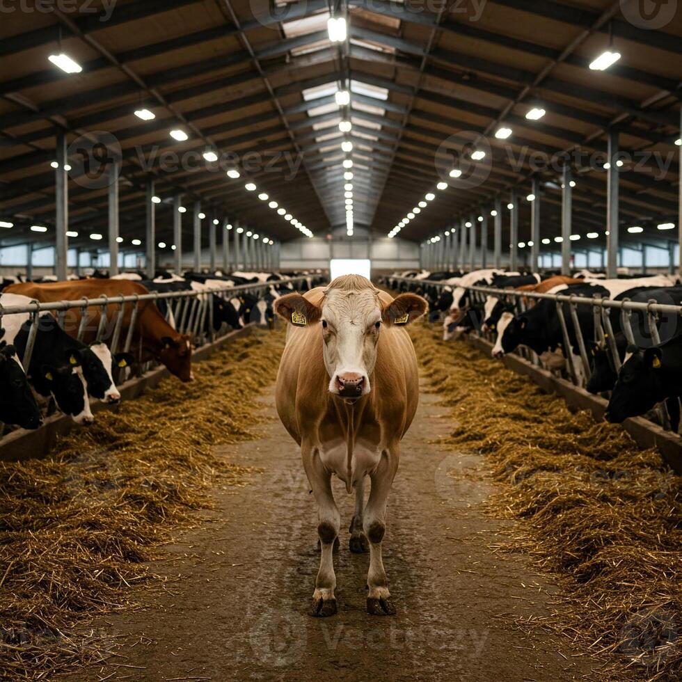 Brown cow stands in the foreground of spacious, brightly lit barn filled with large herd of cattle. The cows are feeding on hay. For commercial cattle farming, rural agriculture and food production. photo