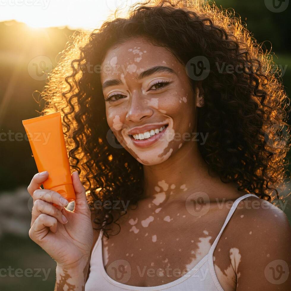 Young woman with vitiligo smiling and holding tube of sunscreen cream. Embracing natural beauty, self-care, and healthy skin routine. For projects related to diversity, self-love, or skin conditions photo