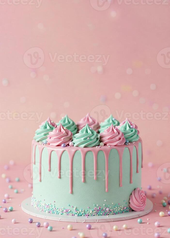 Festive cake with pink icing drips, decorated with two-tone cream roses and sprinkles. Minimalistic background with bokeh effect. Perfect for a birthday, party or bakery. photo