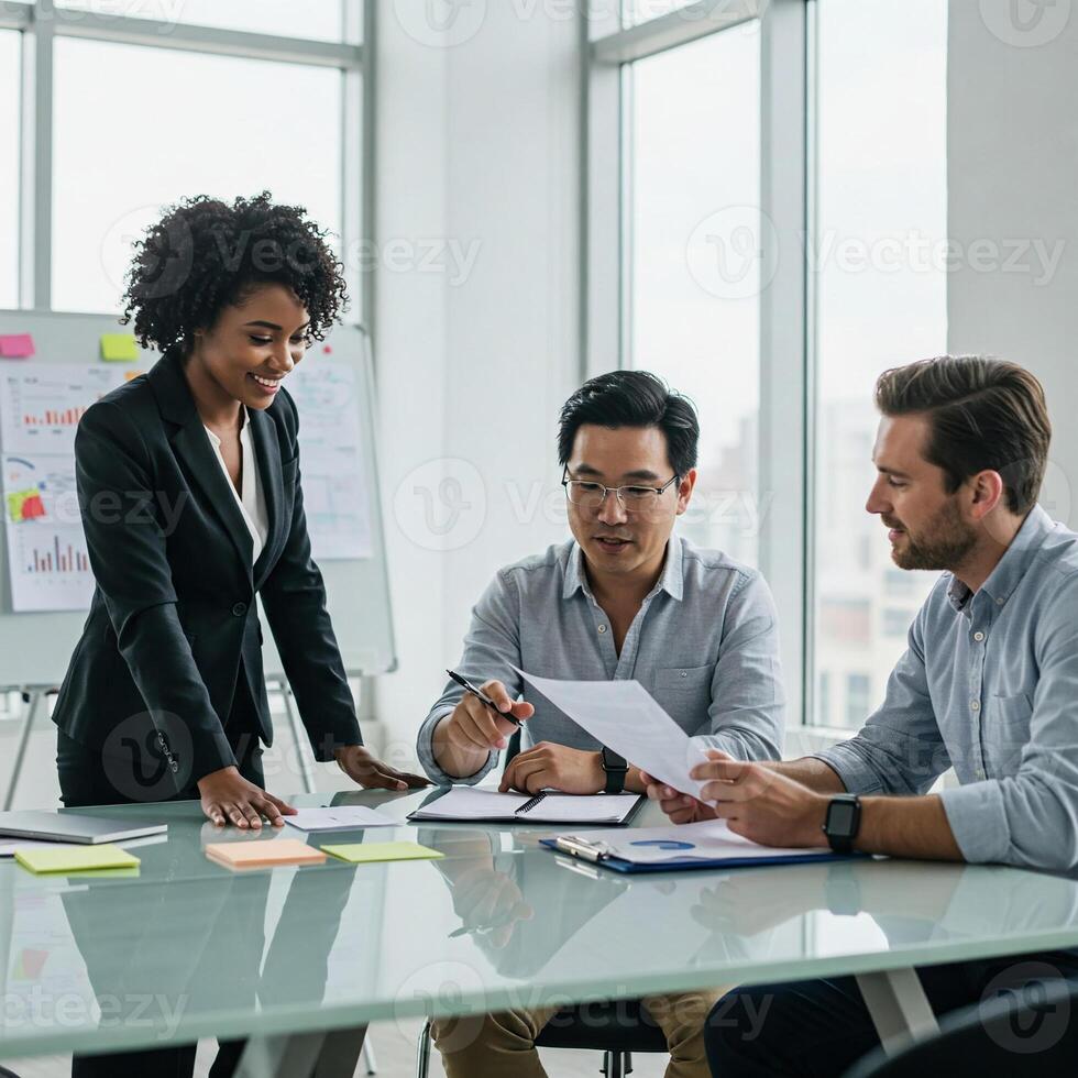 Diverse team of professionals brainstorming in modern office. Business meeting with charts. Collaboration, strategy, and innovation in corporate workspace. Teamwork and cooperation. photo