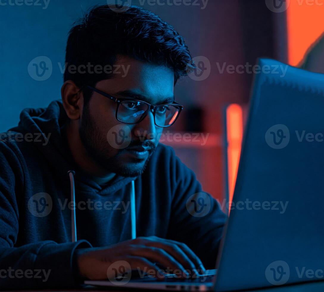 Focused man working on laptop in dark room with neon lighting. Suggests programming, gaming, cybersecurity or hacker activity. Modern tech lifestyle and digital work environment. photo