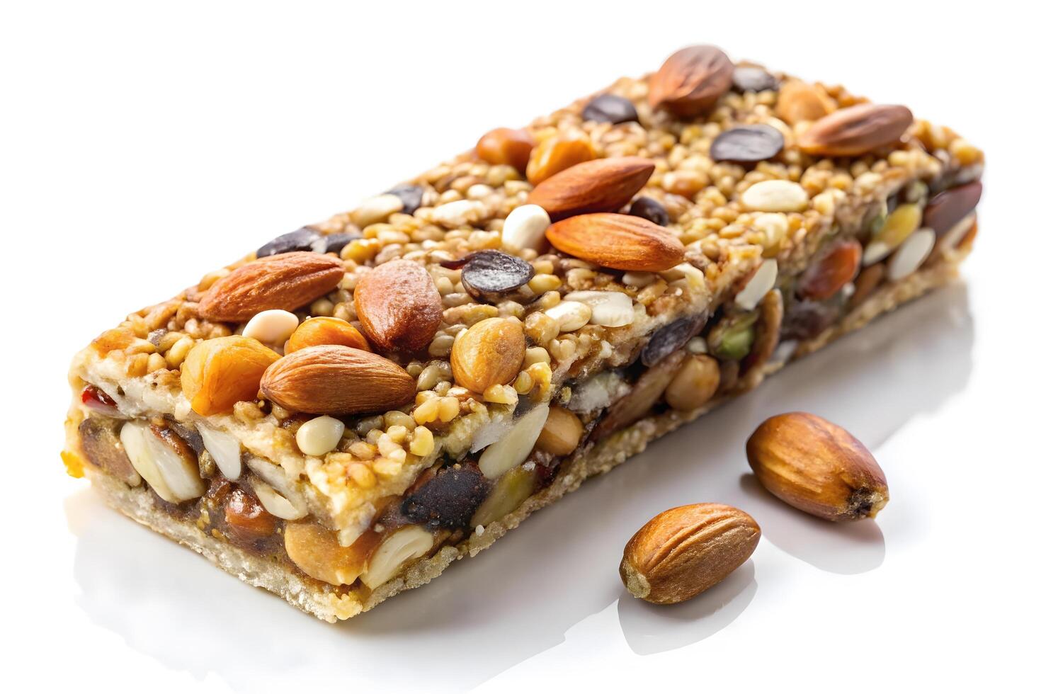 Close-up of a nutritious granola bar with nuts and dried fruits. photo
