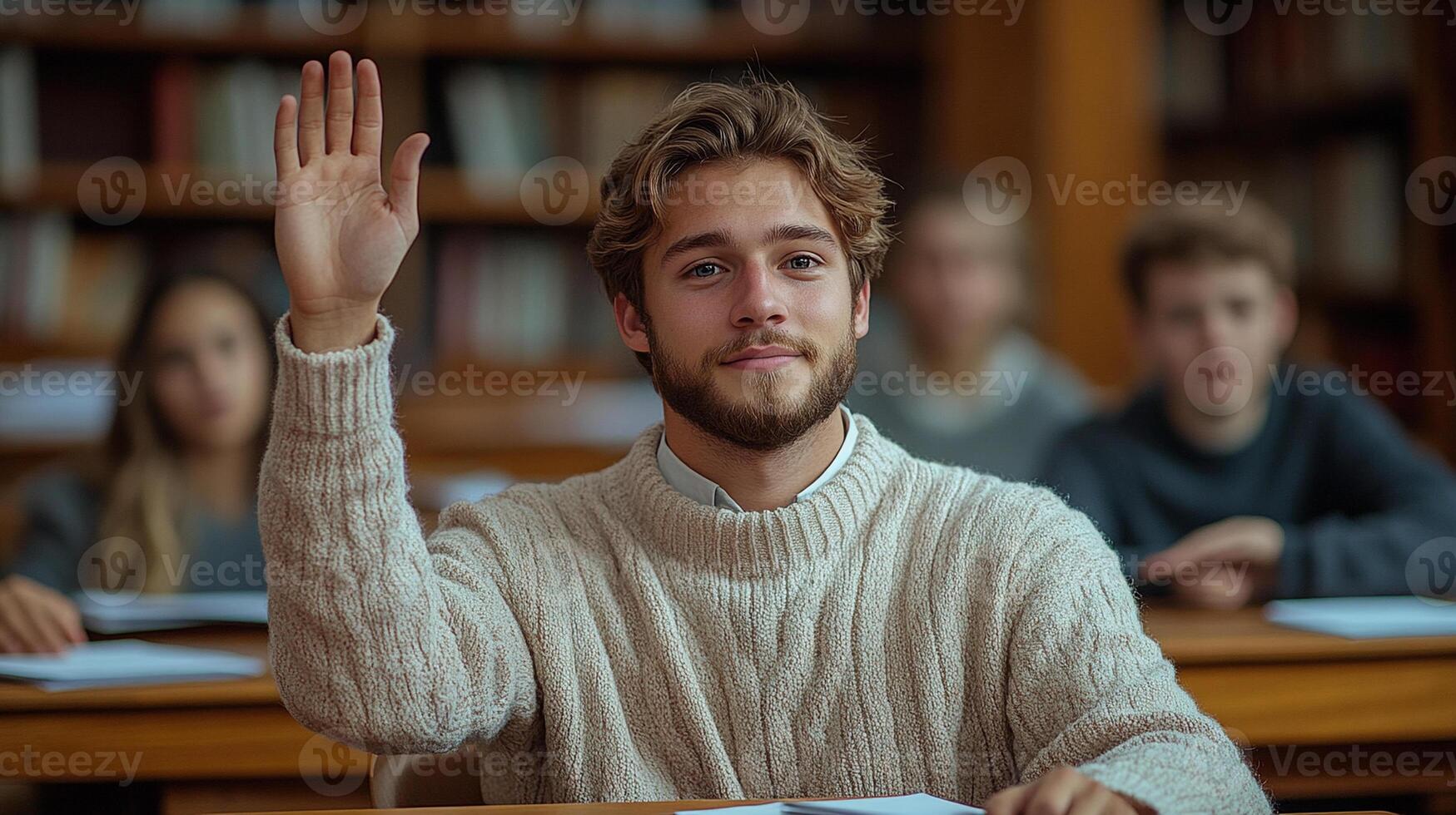 A man raising his hand in class photo