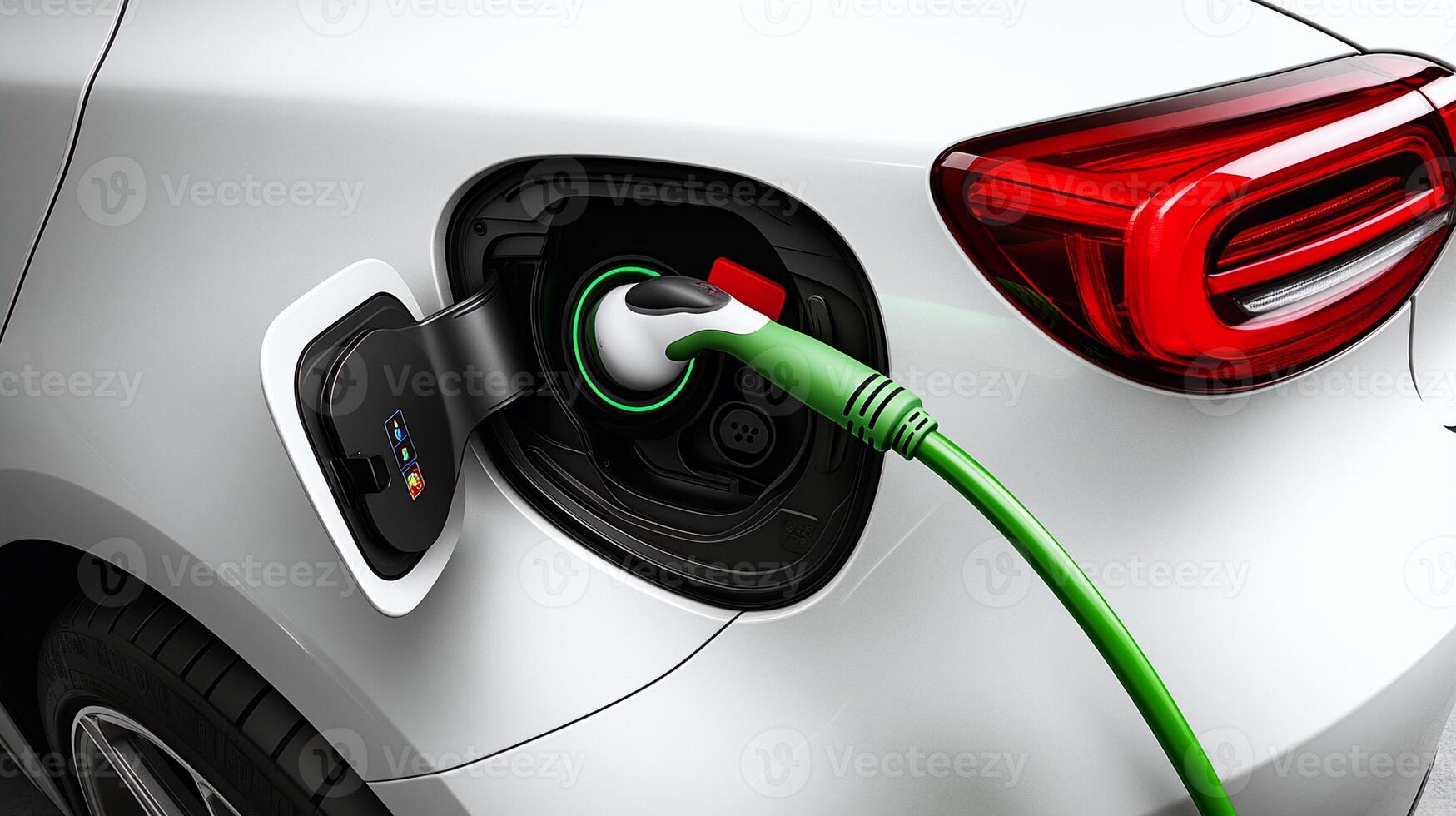 Electric vehicle with bright green charger plugged into white car body photo