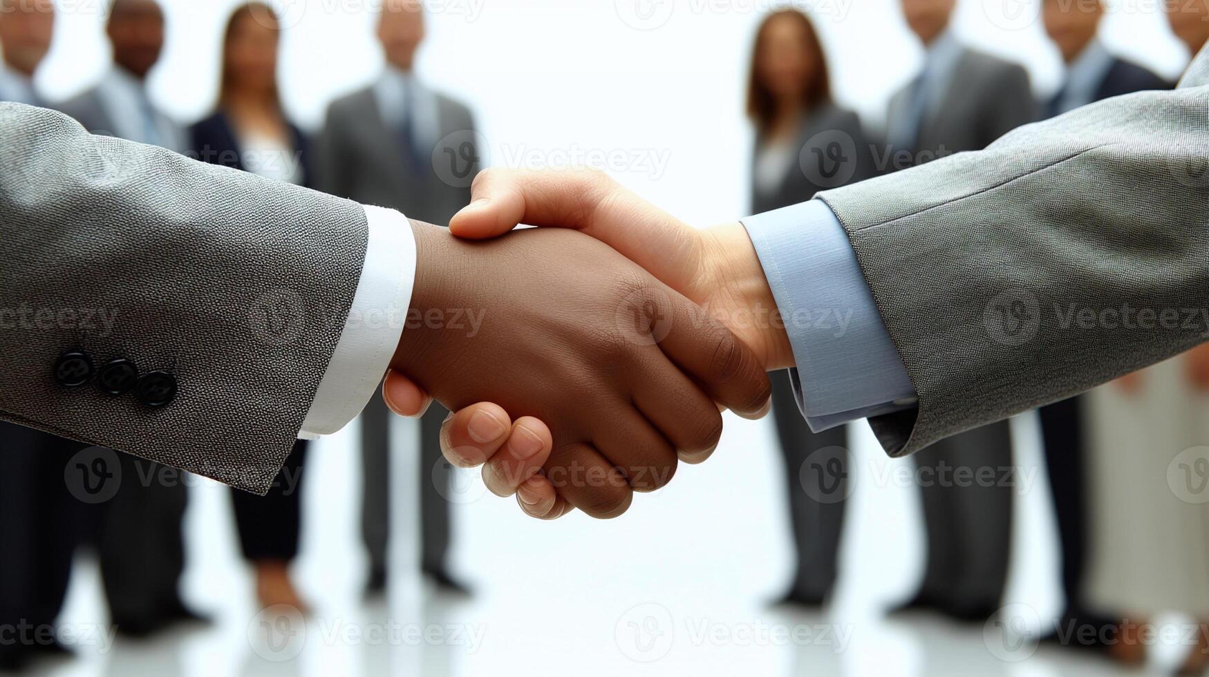 Business people shaking hands in front of a group of people photo