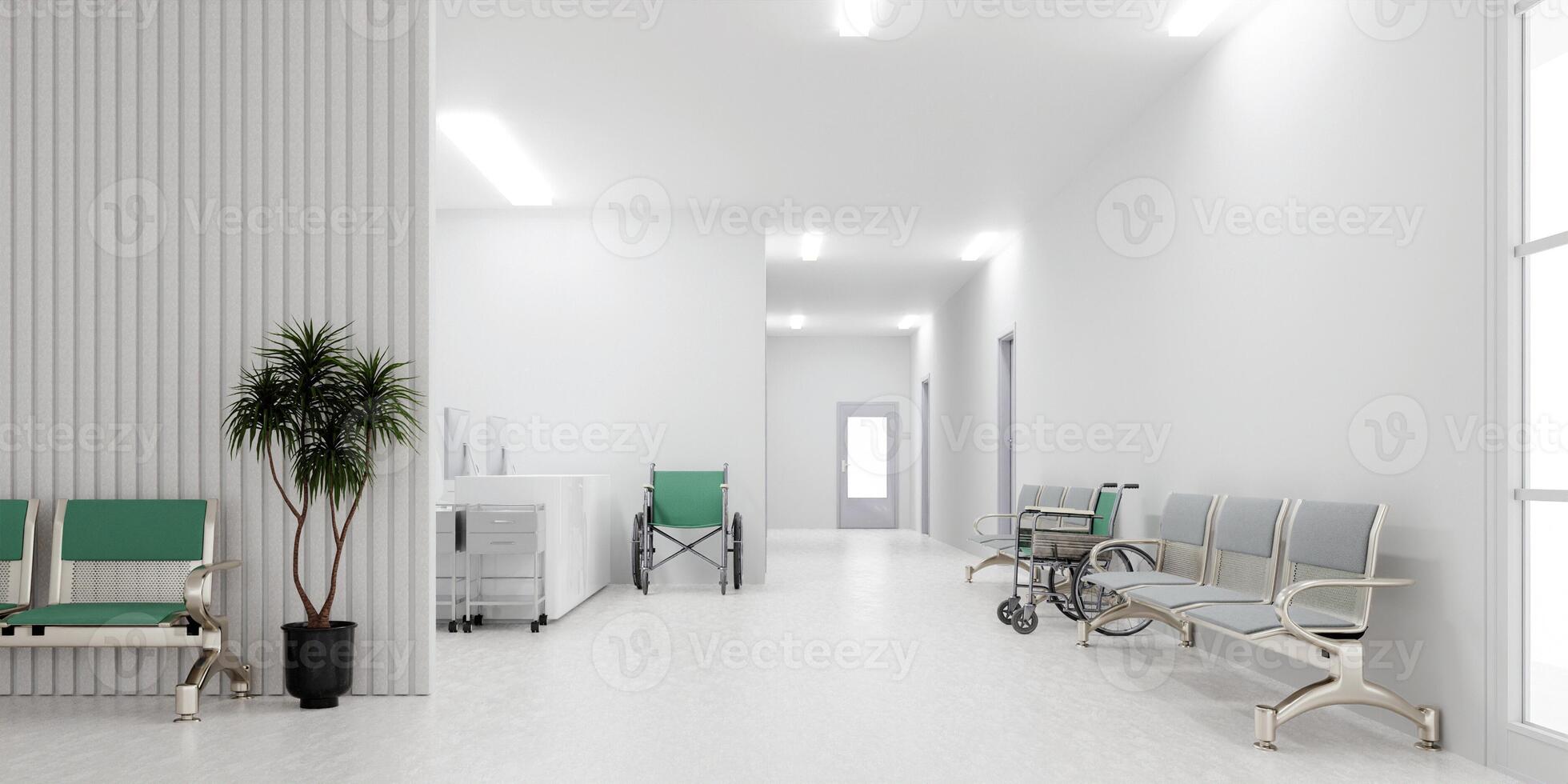 Sophisticated waiting area in a healthcare setting, 3D render illustration. photo