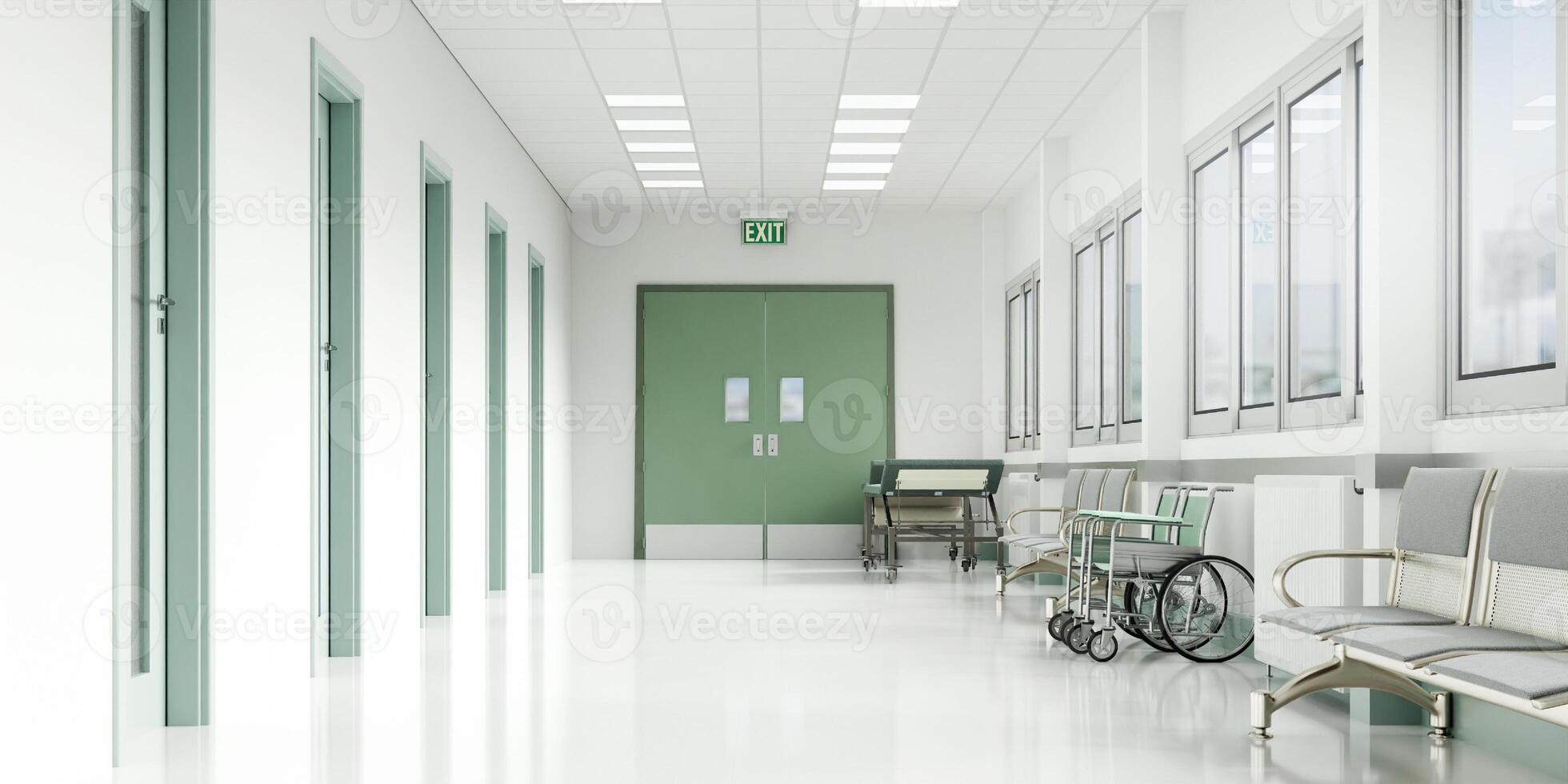 Bright healthcare corridor with expansive windows, 3D render illustration. photo