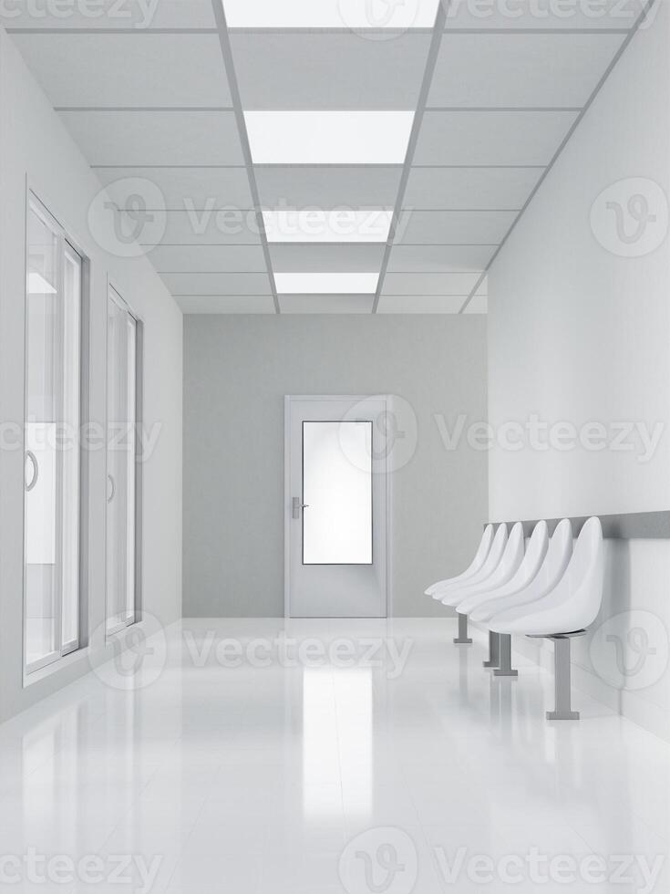 Minimal hospital corridor with empty seating area, 3D render illustration photo