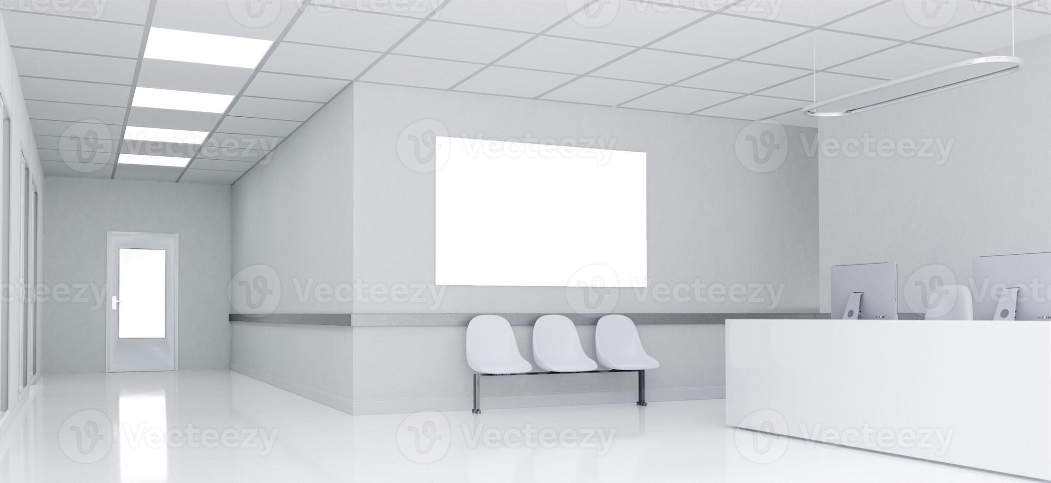 Bright and spacious hospital entrance with sleek reception, 3D render illustration photo