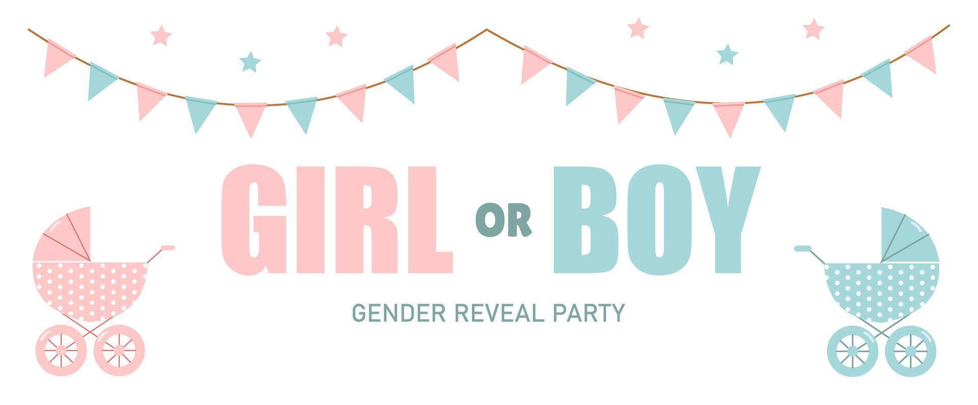 A festive banner at the gender reveal party with cute garlands and strollers vector