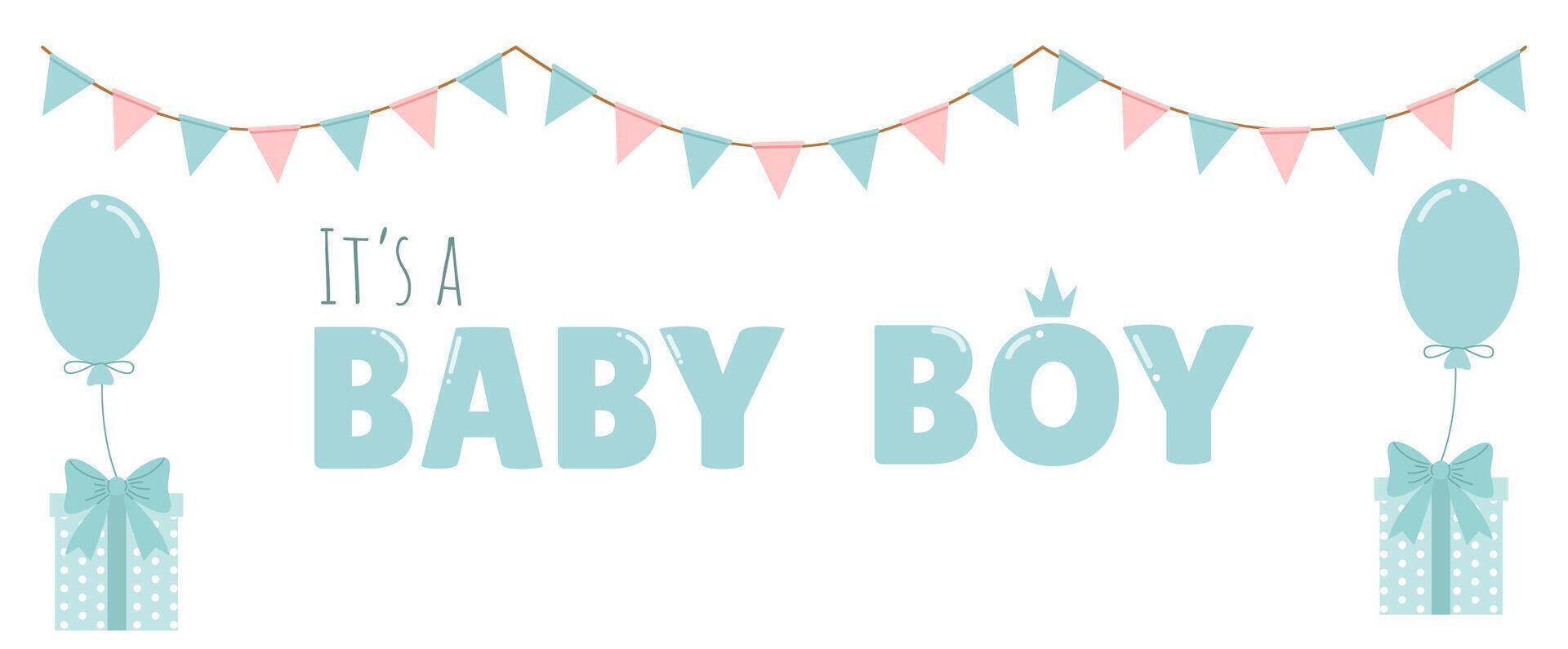 banner for the birth of a little boy with garlands and gifts vector