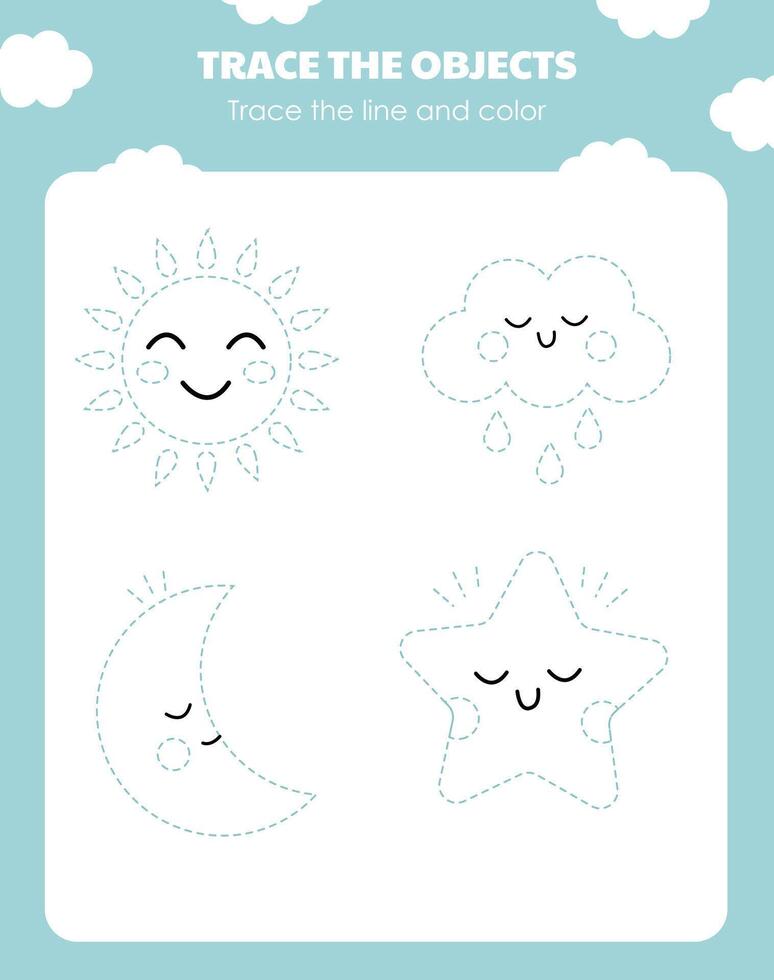 A page with a task to trace the sun, moon, cloud, and star for children in kindergarten vector