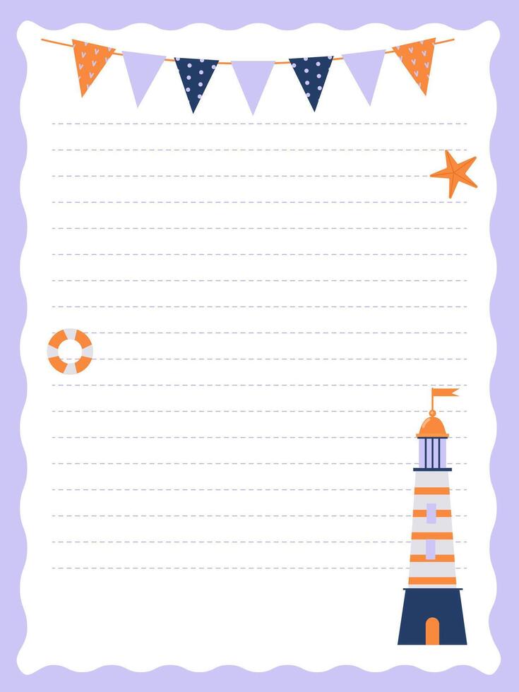 Record page with lighthouse, starfish and lifebuoy and festive garland vector