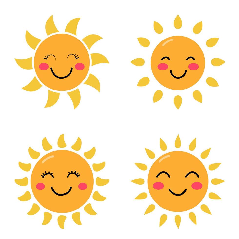 set with cute smiling suns on a white background vector