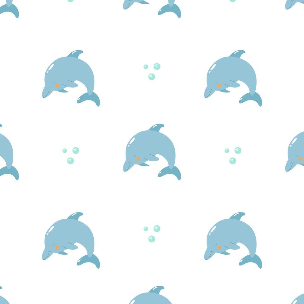 Nautical summer pattern with funny dolphin and bubbles vector