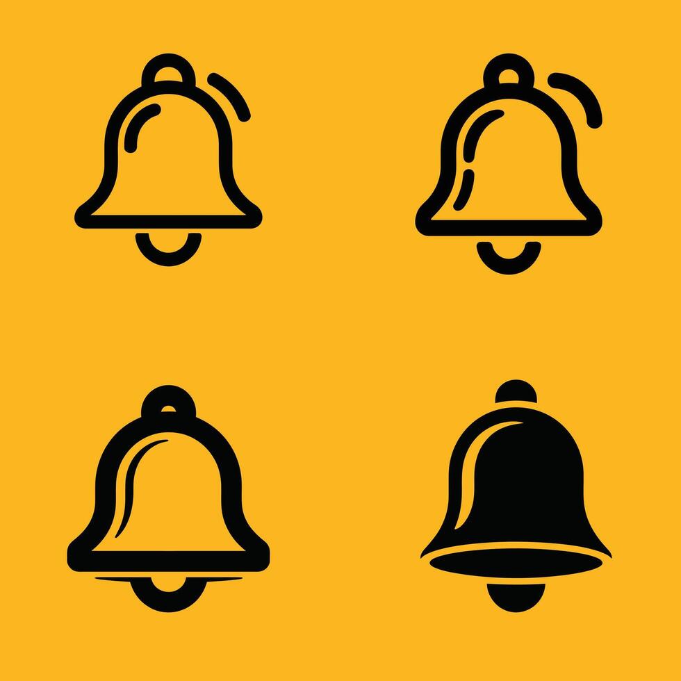 Notification bell icon set in flat and line styles on yellow background vector