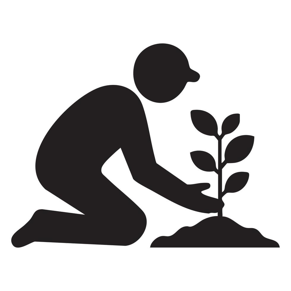 Black silhouette of a person in a cap kneeling to plant a seedling in soil vector