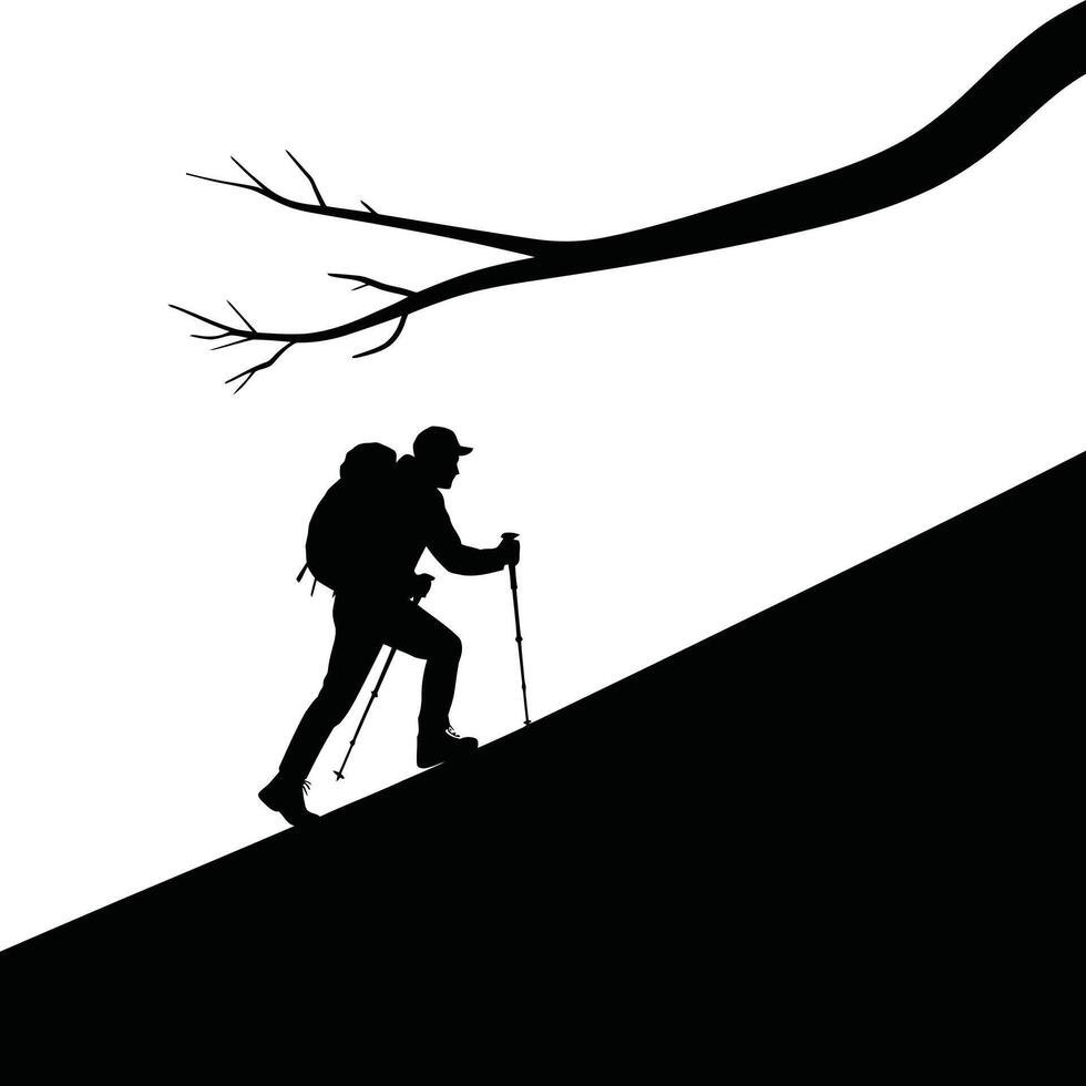 Hiker Silhouette Climbing Steep Hill with Branch Overhead vector