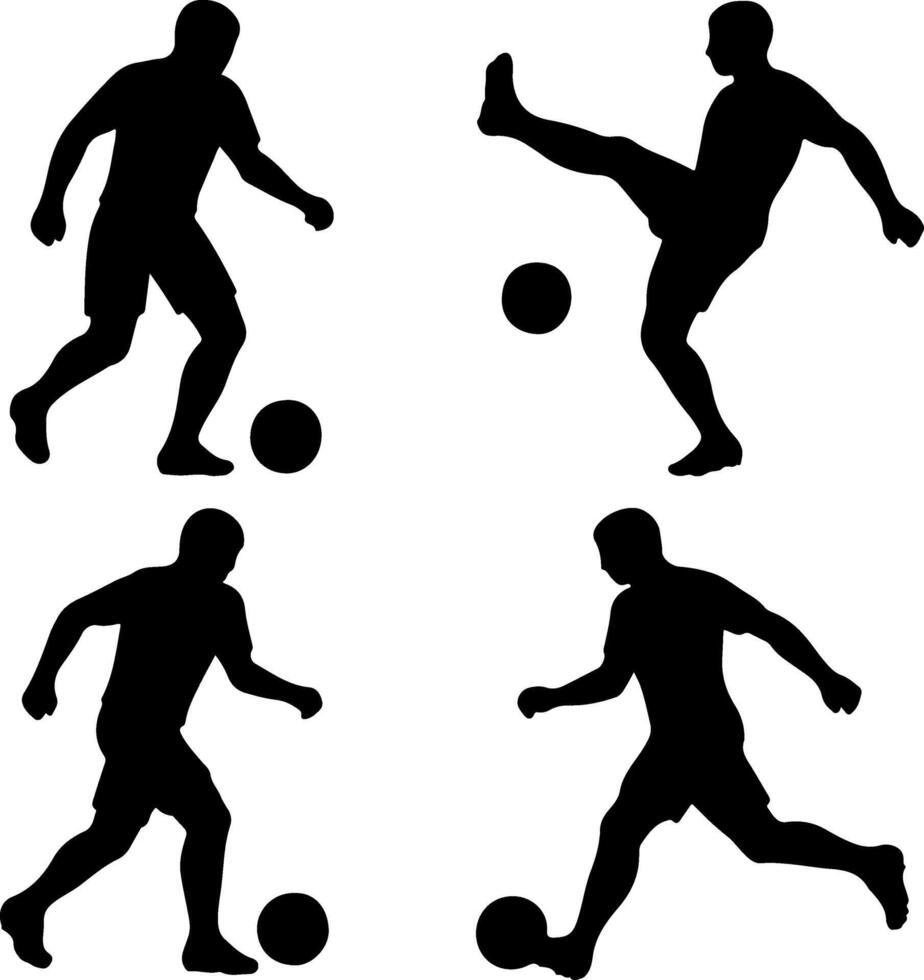 illustration of soccer player silhouettes in various action poses, including kicking, dribbling, and running with the ball. Ideal for football designs vector