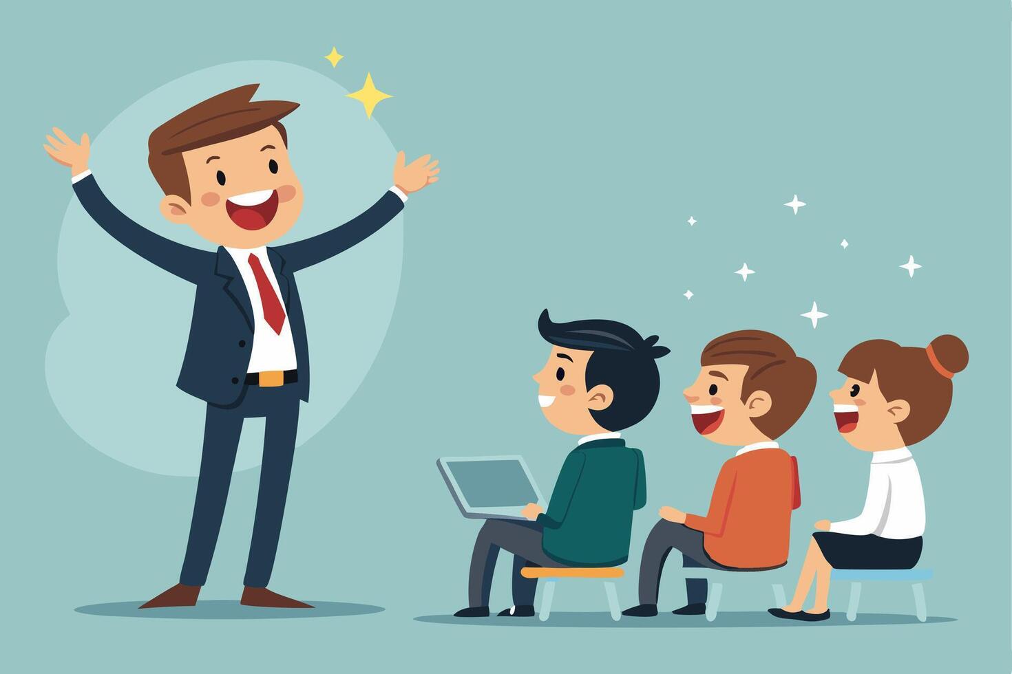 Cartoon business leader character giving an energetic talk to a sitting team. Great for visuals about leadership, business coaching, teamwork motivation, and company presentations vector