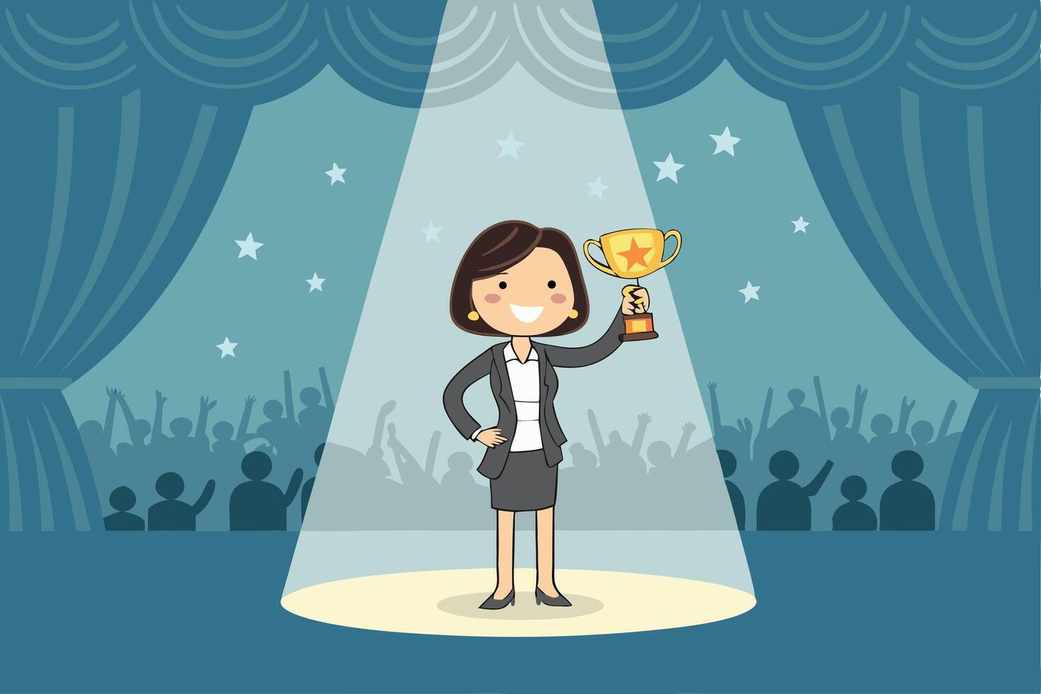 artoon of a confident businesswoman holding a trophy on a stage. Perfect for themes like business success, awards, leadership recognition, and female empowerment in the workplace vector