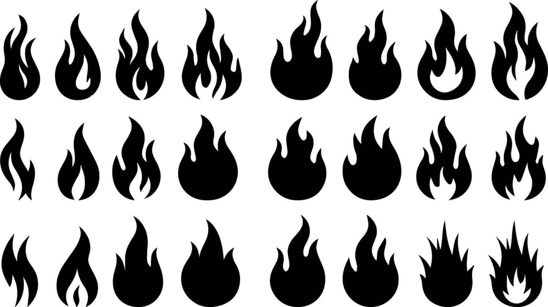 Large set of black flame icons in various shapes and styles. Perfect for use in fire hazard signs, heating system graphics, logo designs, weather apps, or decorative elements vector