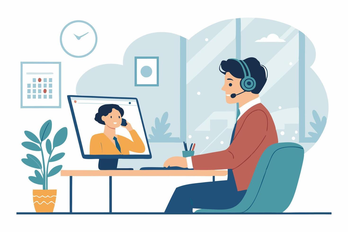 illustration of a business character having a call with a client. Features split screen, headset, and modern remote work environment. Ideal for communication vector