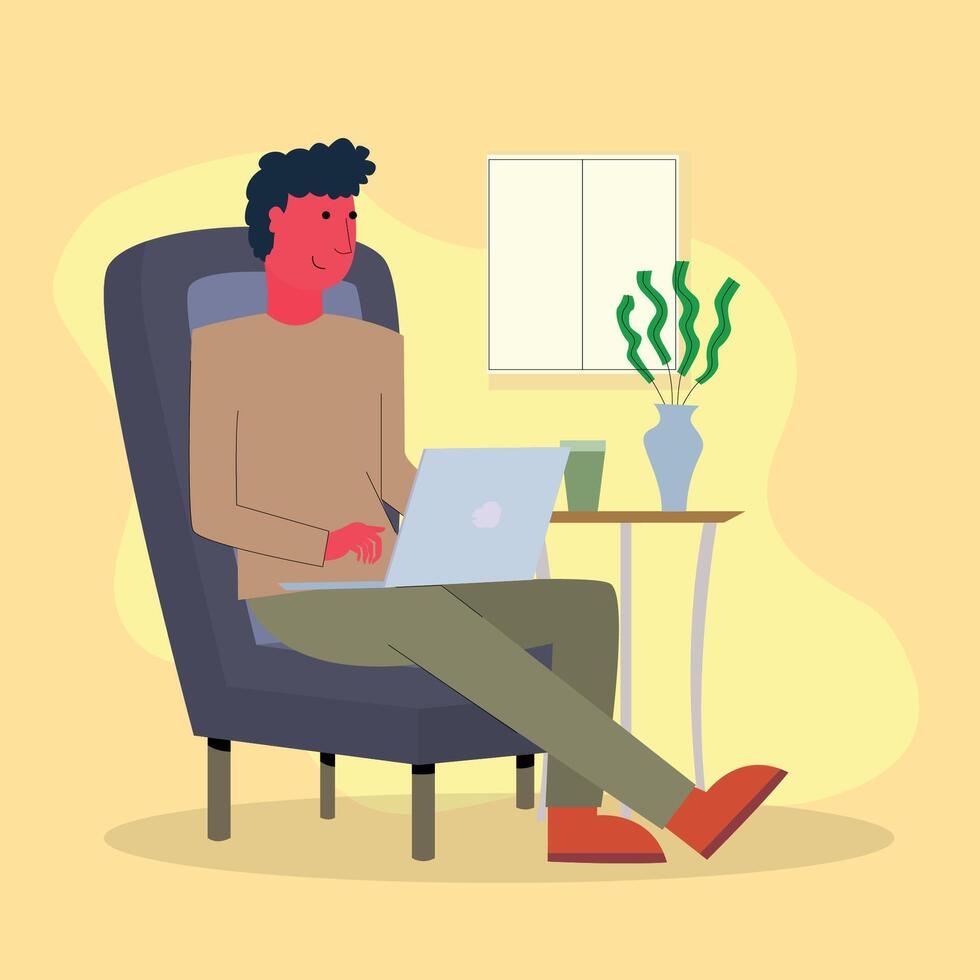 man sitting on a sofa with laptop and coffee, working everywhere, relax while working, flat illustration vector