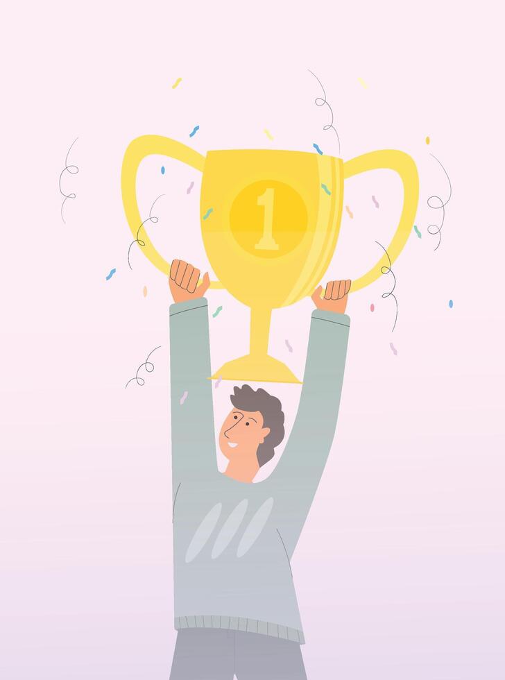 winning first place, celebrating first place winner while show the trophy, winner concept, winner celebration. flat illustration vector