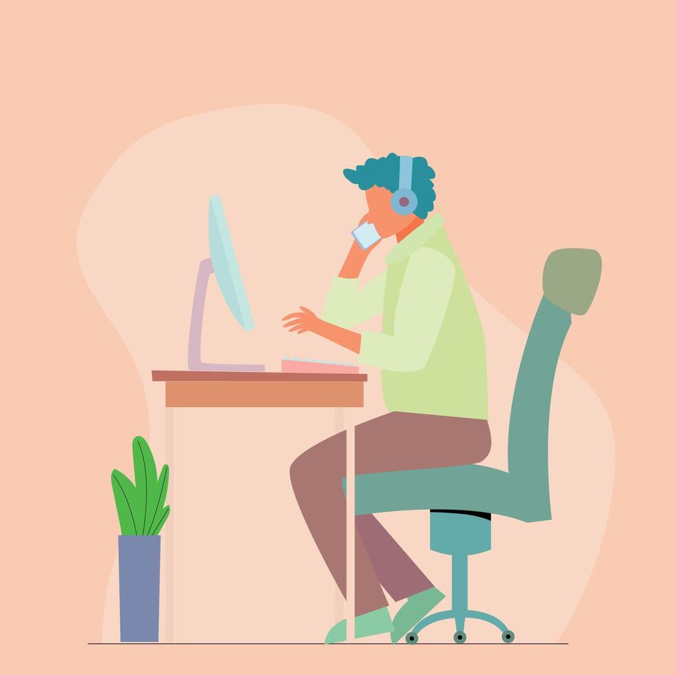 illustration of a man working on a computer while calling, work from home, hardworking freelancer, flat illustration vector