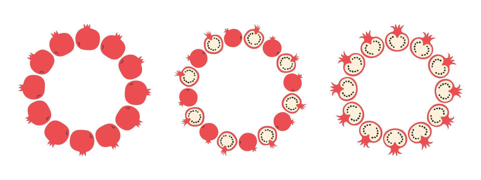 Fruit frame set. Pomegranate design template, copy space. Cute hand drawn fruits round frame in doodle style. Circular template. Hand drawn fruits circle border. vector