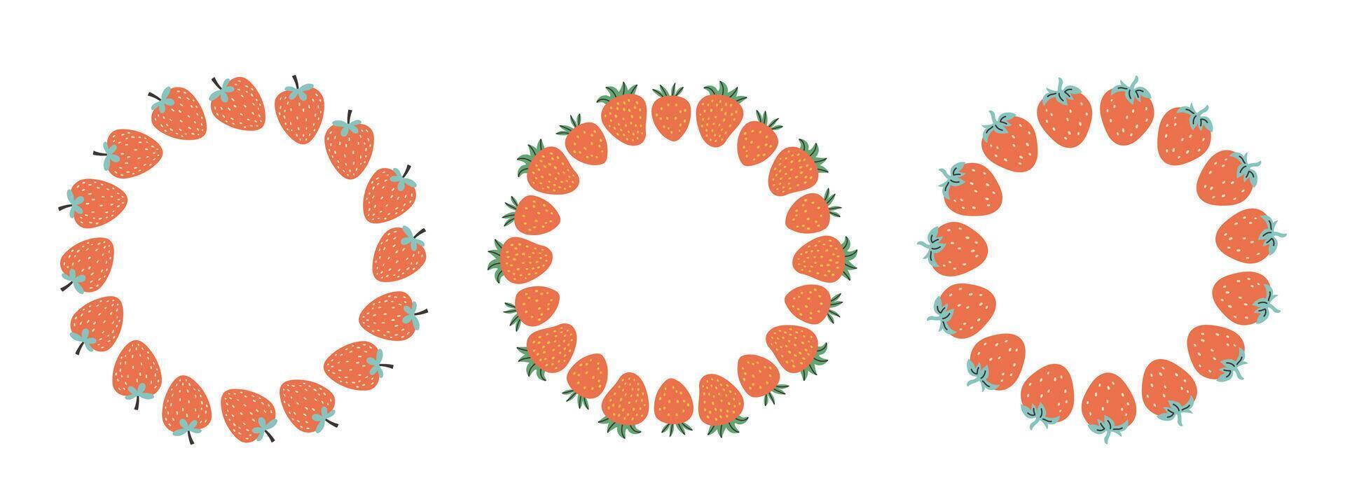 Fruit frame set. Strawberry design template, copy space. Cute hand drawn fruits round frame in doodle style. Circular template. Hand drawn fruits circle border. vector